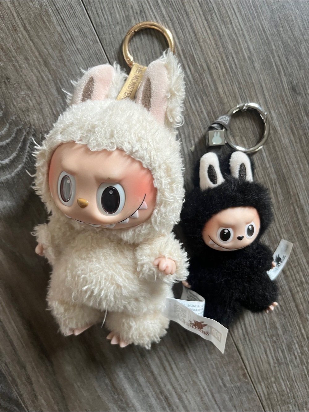 Plush Keychains - cream and Black Fuzzy Bunny Characters